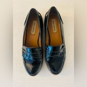 STEVE MADDEN Black Patent Leather Loafers with Block Heel, 6